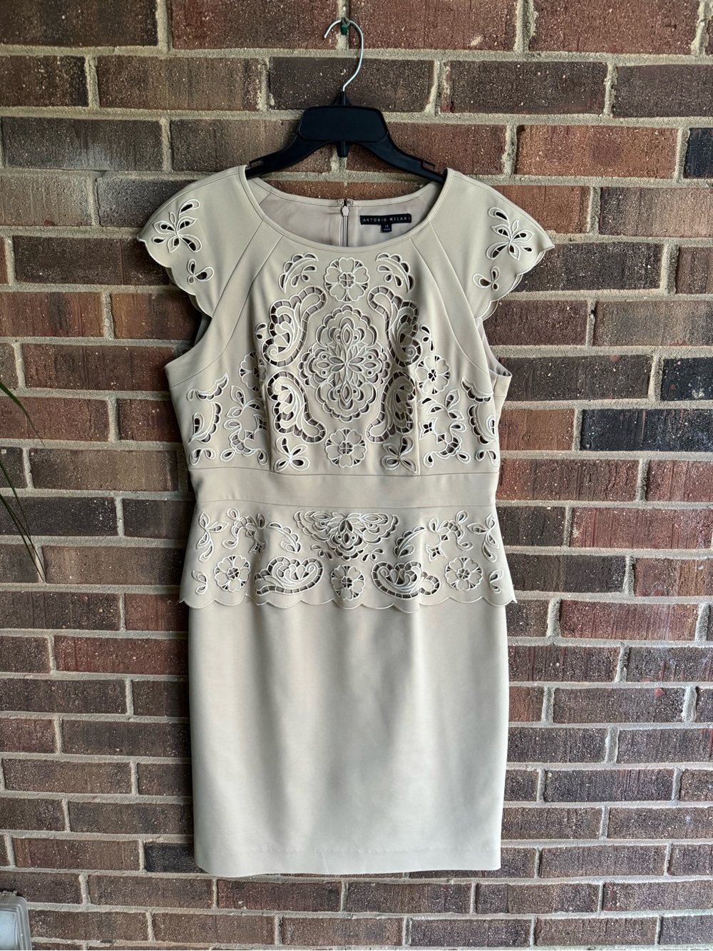 Beige Laser-Cut Peplum Sheath Dress